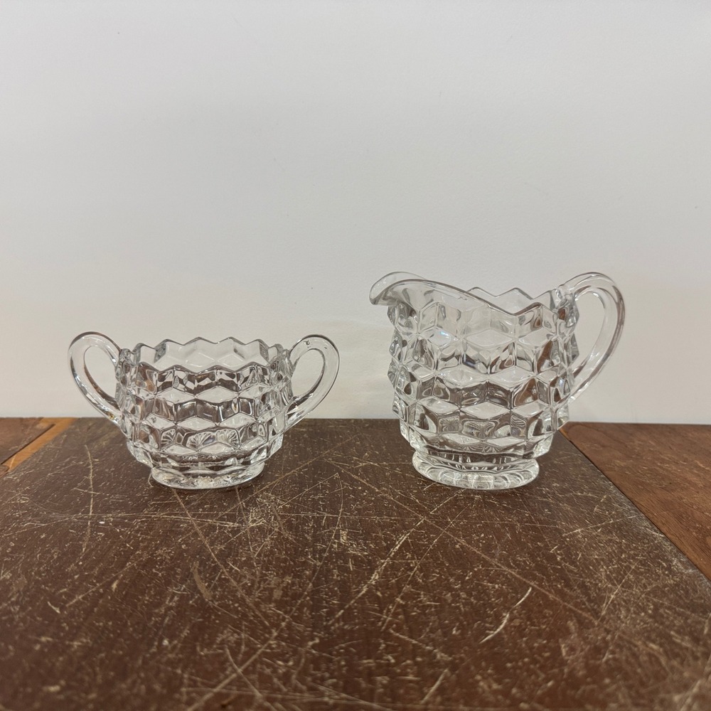 Vintage Clear Glass Creamer & Sugar Set Cubist Pattern Serving Set